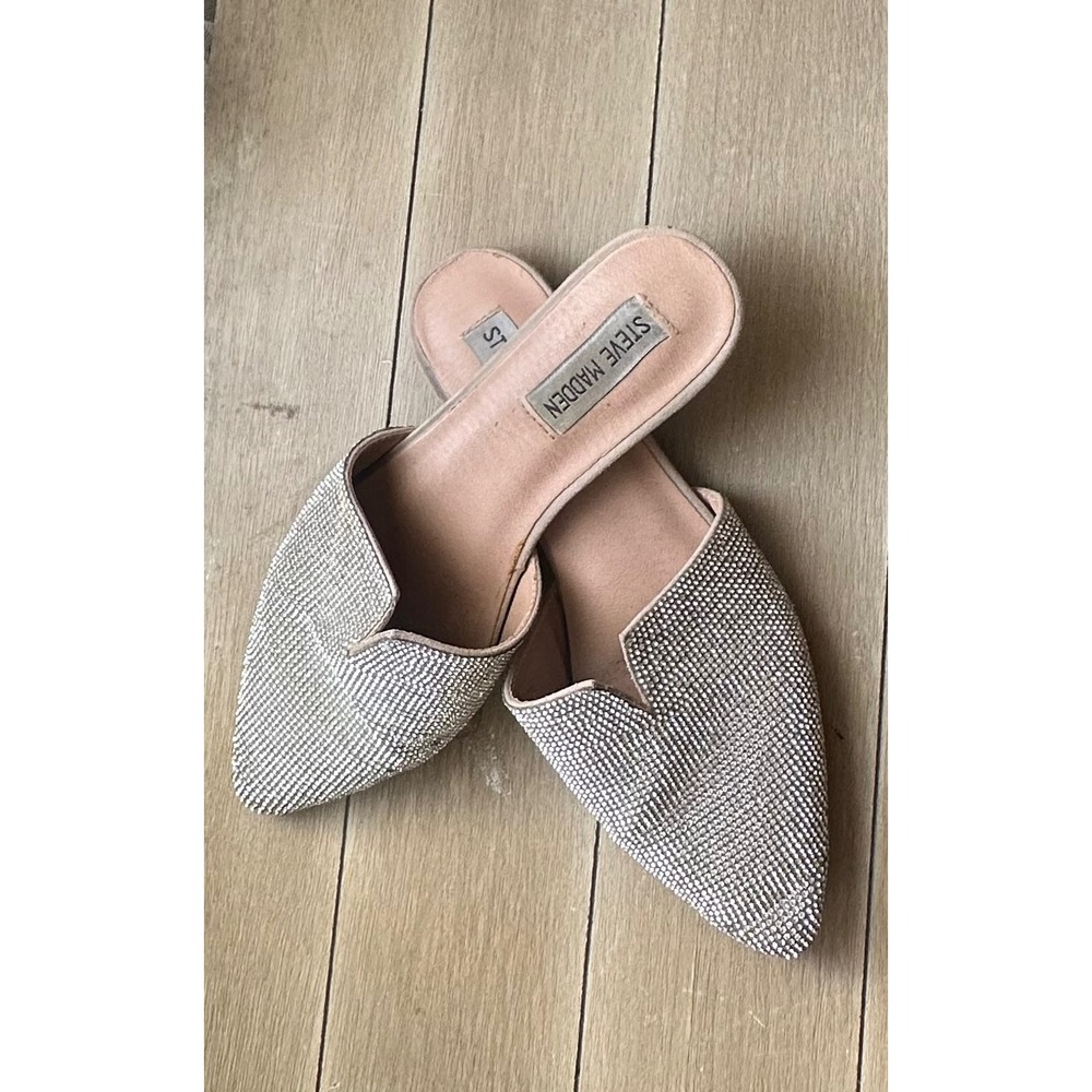 Steve Madden Rhinestone Pointed Toe Mules Silver Crystal Slip On Flats Womens 7